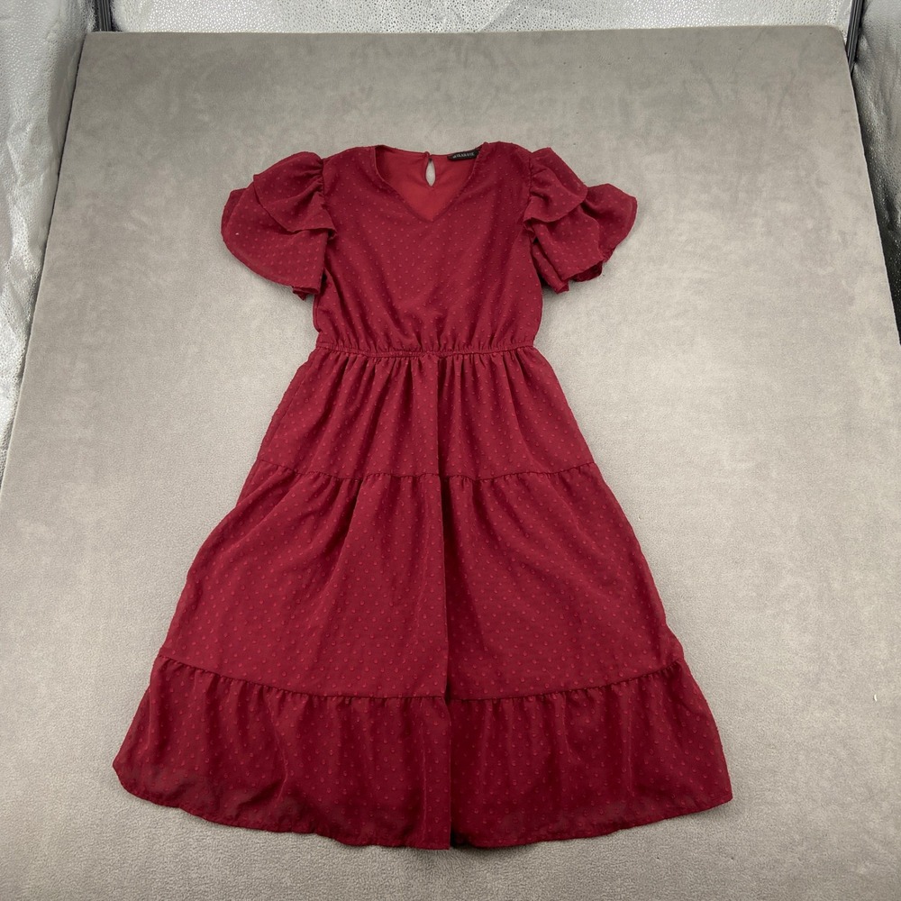 Mikarose Burgundy Swiss Dot Tiered Midi Dress Flutter Sleeve Modest V-Neck XS